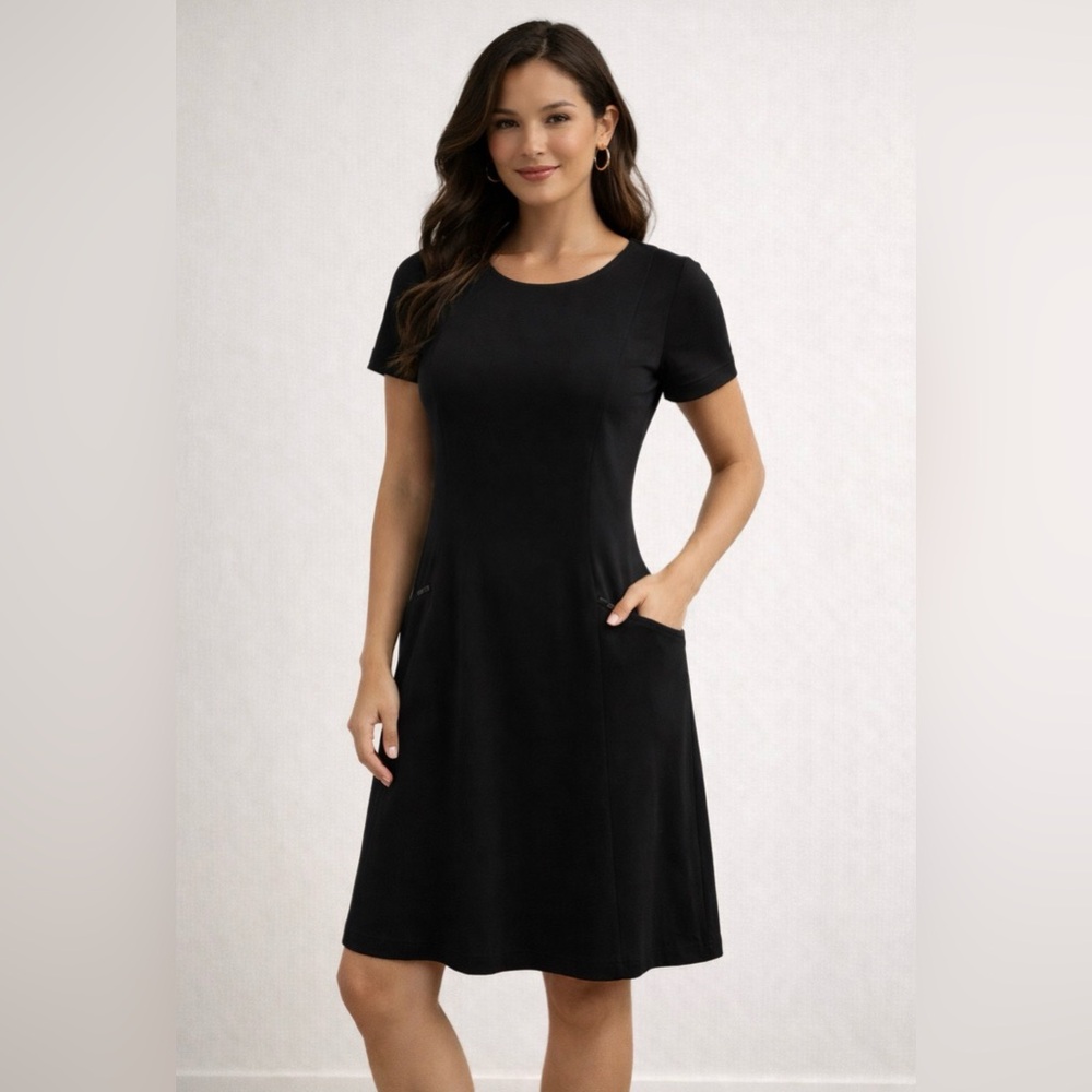THEORY Dress 6 Black A Line Pockets Short Sleeve Stretch Cotton Classic Career